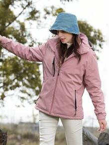 一件式女式冬季休闲可拆卸连帽防风户外棉服外套粉色 - 粉色 - 查看 1