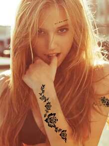 1 張女式黑色花朵臨時紋身,手臂一次性紋身貼紙,假紋身防水,適合派對和節日 - 黑色 - 查看 2