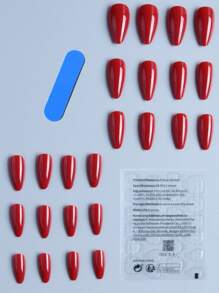 24入組長杏仁形紅色假指甲，適合中長指甲完美貼合，增強你的風格，適用於女性日常工作和派對，膠貼式假指甲美甲工具 - 紅色 - 查看 2
