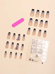 24入組額外長立方形黑漸層法式奧布蕾假指甲,附有粉紅色心形鑽石,包含1支指甲檔和1支果凍膠 - 彩色 - 查看 2