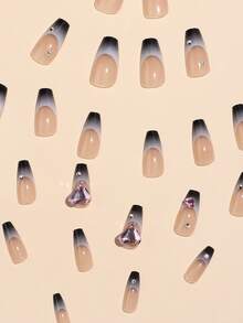 24入組額外長立方形黑漸層法式奧布蕾假指甲,附有粉紅色心形鑽石,包含1支指甲檔和1支果凍膠 - 彩色 - 查看 4