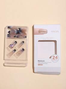 24入組額外長立方形黑漸層法式奧布蕾假指甲,附有粉紅色心形鑽石,包含1支指甲檔和1支果凍膠 - 彩色 - 查看 7