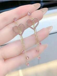 时尚粉色心形和流苏吊坠耳环，配有心形吊坠和闪亮元素，女士迷人耳环，情人节、妈妈、母亲、母亲节、礼物 - 粉色 - 查看 2