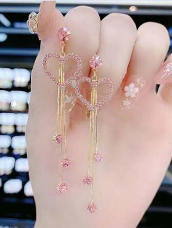 Fashionable Pink Heart & Tassel Dangle Earrings With Heart-Shaped Pendant And Shiny Elements, Women's Charming Earrings Valentines,Mom,Mother,Mother's Day,Gift