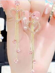 时尚粉色心形和流苏吊坠耳环，配有心形吊坠和闪亮元素，女士迷人耳环，情人节、妈妈、母亲、母亲节、礼物 - 粉色 - 查看 4