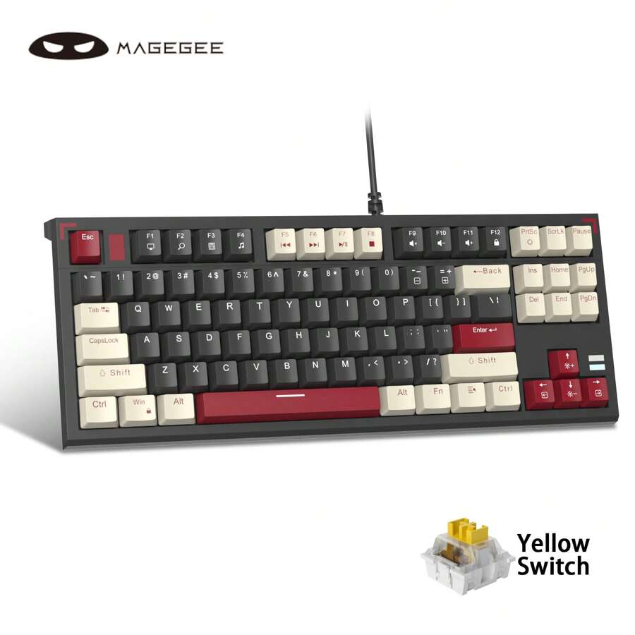 MageGee MK-Sky87 機械遊戲鍵盤開關緊湊型 87 鍵 LED 背光有線白色遊戲鍵盤適用於筆記本電腦/Windows/PC/Mac/Comp 白色黑黃色開關 - 黑色 - 查看 1