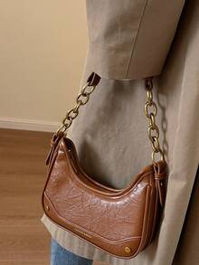 金屬拉鍊棕色pu皮革單肩包,時尚設計 - 棕色 - 查看 8