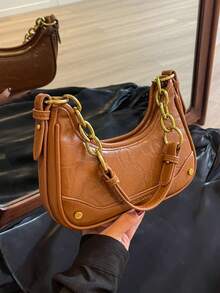 金屬拉鍊棕色pu皮革單肩包,時尚設計 - 棕色 - 查看 9