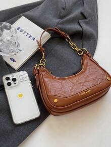 金屬拉鍊棕色pu皮革單肩包,時尚設計 - 棕色 - 查看 2