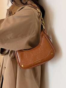 金屬拉鍊棕色pu皮革單肩包,時尚設計 - 棕色 - 查看 7