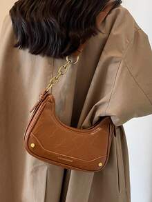 金屬拉鍊棕色pu皮革單肩包,時尚設計 - 棕色 - 查看 4