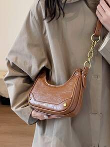 金屬拉鍊棕色pu皮革單肩包,時尚設計 - 棕色 - 查看 6