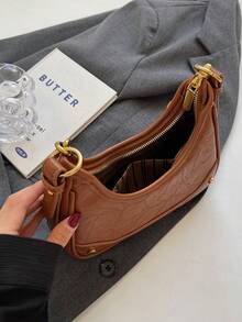 金屬拉鍊棕色pu皮革單肩包,時尚設計 - 棕色 - 查看 5