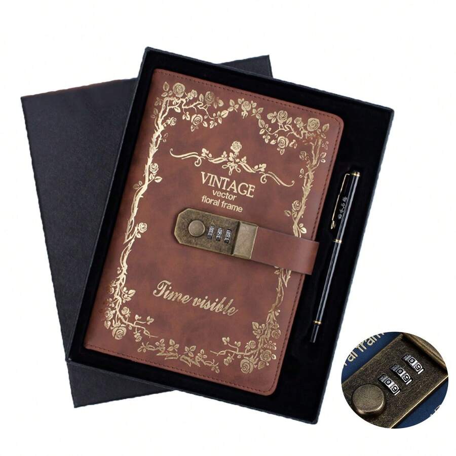 Diario con diseño de portada vintage con candado, diario personal