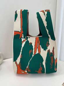 1个撞色涂鸦水彩镂空针织可折叠轻便手提包/化妆包/书包，适合日常、度假、上学、通勤、购物、摄影、旅行、露营等各种场合，四季皆宜，是送给妈妈的绝佳母亲节礼物 - 墨綠色 - 查看 2