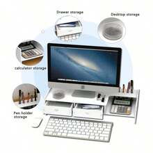 1個心型桌面顯示器支架,帶有抽屜、鍵盤托盤和儲物架,適用於家庭辦公室的電腦顯示器升高器 - 白色 - 查看 3