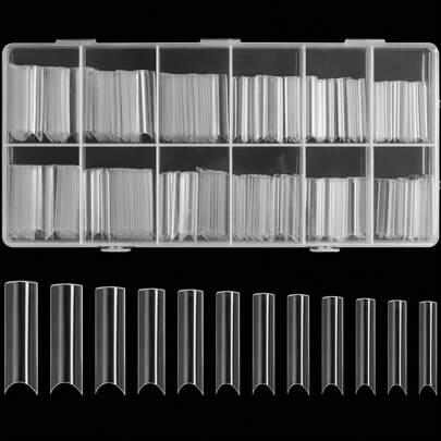 240 Pezzi Unghie finte XXL traslucide con curva a C di mezza copertura, 12 dimensioni Punta quadrata lunga con scatola, Strumento per manicure DIY (Disponibili solo punte per unghie trasparenti) Unghie finte, Forniture per Unghie