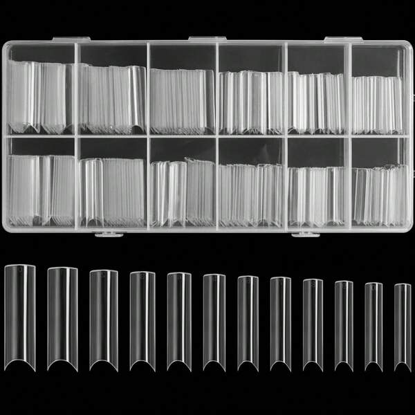 240 pièces  faux ongles XXL translucides avec moitié couverture C courbe, 12 tailles longues pointes carrées avec boîte, outil de manucure DIY (seules les pointes de ongles transparentes sont disponibles) Ongles pressés Fournitures de manucure