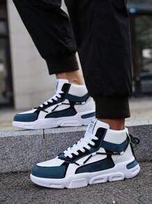 Men's Letter Graphic Lace-Up Contrast Color High Top Casual Comfortable Skateboard Shoes, Outdoor Design - Blue and White - View 5