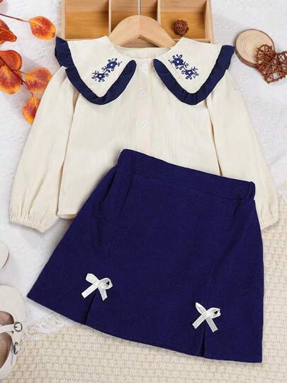 少女花卉刺繡水手領上衣&前蝴蝶結裙