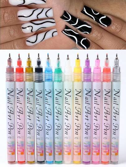 12 st/set nagelkonstmarkörpennor, nagelklotterpennor för att rita abstrakta linjer och fina blommönster, vattentäta nagelkonstverktyg, nagelkonsttillbehör