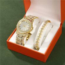 2pcs Set Women's Aluminum Alloy Waterdrop Rhinestone Watch & Bracelet Combo With Roman Pattern Dial, Night Light Pointer And Daily Decoration (box Not Include) - Gold - View 7