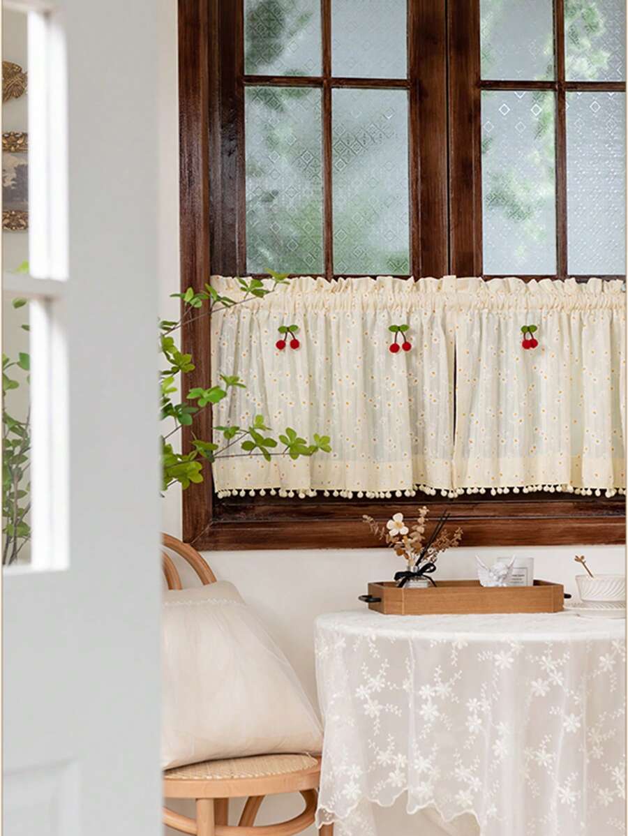 1pc French Country Style Daisy & Cherry Blossom Print Half Curtain With Dust Cover For Bedroom