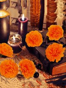 30Pcs/Set Or 6Pcs/Pack Artificial Marigold Flower Heads Orange Plastic Faux Flower Bulk Bunch Fake Halloween Artificial Carnation Flower For Funeral Arrangements, Wedding Bouquets, Cemetery Wreaths, Party Birthday Decoration, DIY Crafts Rama Decoration Rama