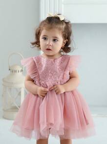 嬰兒女孩粉色蕾絲裙1歲生日派對禮服 - 藕粉色 - 查看 3