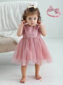 嬰兒女孩粉色蕾絲裙1歲生日派對禮服 - 藕粉色 - 查看 2