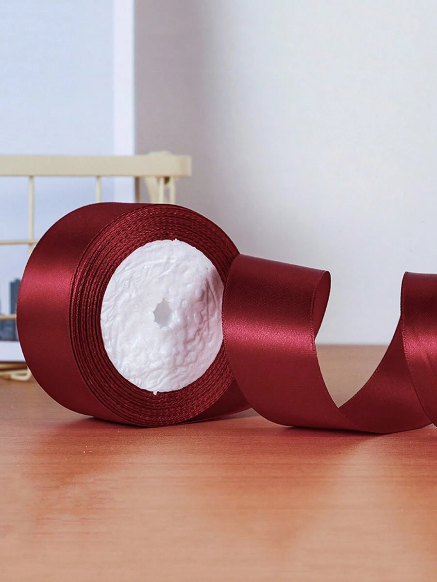 1roll/25 Yards/width 4cm Festival Party Gift Wrapping Ribbon, Handcraft Rose Flower Material, Decorative Satin Ribbon - Burgundy - View 1