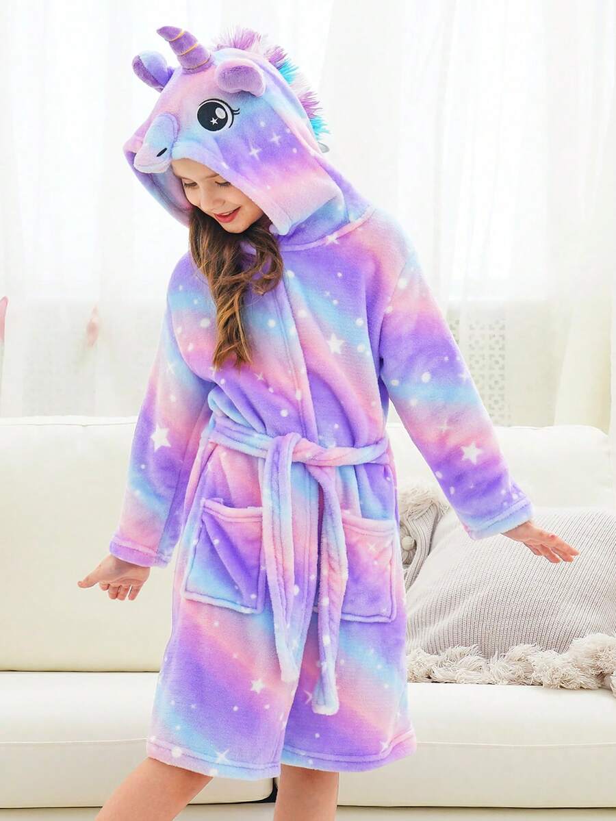 Bata De Descanso Para Niña Joven Con Diseño De Unicornio Impreso En Estrellas Y Cinturón - Multicolor - Ver 1