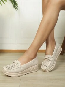 Women's Casual & Comfortable Hollow Breathable Slip-on Wedge Loafers - Beige - View 5