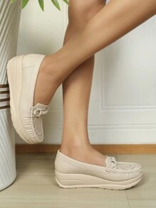 Women's Casual & Comfortable Hollow Breathable Slip-on Wedge Loafers - Beige - View 3