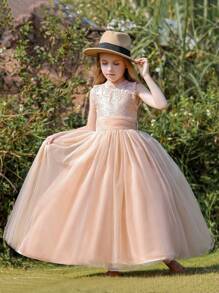 Vestido formal sin mangas de niña preadolescente con contraste de encaje champán y malla, para boda/niña de las flores