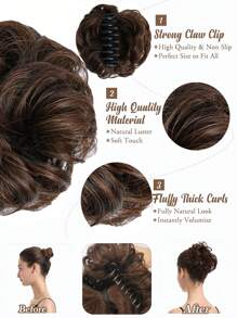 夾子捲髮器,女士用凌亂髮型,波浪捲曲蓬鬆夾子夾入假髮捲髮卡,合成髮髻夾子,夹着假发的卷曲髮髻 - 咖啡棕 - 查看 2