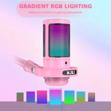 1pc Pink Njsj Usb Computer Microphone Gaming Mic Compatible With PS4///Smartphone, Condenser Microphone With Touch Mute, Atmospheric Rgb Lighting, Gain Knob And Monitoring Jack For Streaming - Pink - View 6
