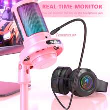 1pc Pink Njsj Usb Computer Microphone Gaming Mic Compatible With PS4///Smartphone, Condenser Microphone With Touch Mute, Atmospheric Rgb Lighting, Gain Knob And Monitoring Jack For Streaming - Pink - View 5