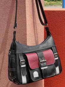 Yogodlns 大容量紋理手提袋,pu皮革雙色肩背包,女性通勤者斜揹包 - 彩色 - 查看 3