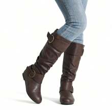 Women's Wide Calf Knee High Boots, Fur-Lined Low Hidden Wedge Boots - màu nâu - Xem 8