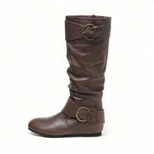 Women's Wide Calf Knee High Boots, Fur-Lined Low Hidden Wedge Boots - màu nâu - Xem 5