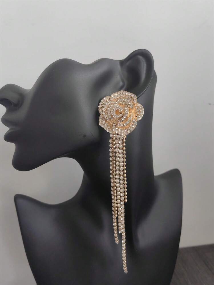 European & American Style Exaggerated Personalized Rhinestone-Encrusted Rose Flower & Tassel Dangle Earrings, French Vintage Luxury Long Earrings For Party, Cosplay, Costumes And Hyperspace - Gold - View 1
