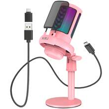 1pc Pink Njsj Usb Computer Microphone Gaming Mic Compatible With PS4///Smartphone, Condenser Microphone With Touch Mute, Atmospheric Rgb Lighting, Gain Knob And Monitoring Jack For Streaming - Pink - View 2