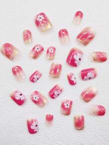 24入組短款粉紫色雛菊美甲貼,附1支果凍膠和1個指甲文件,適合女孩和女性日常佩戴 - 彩色 - 查看 3