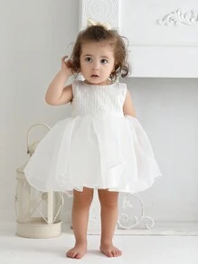 Infant Baby Girls' White Tulle Dress For Wedding, Birthday Party Or As Flower Girl