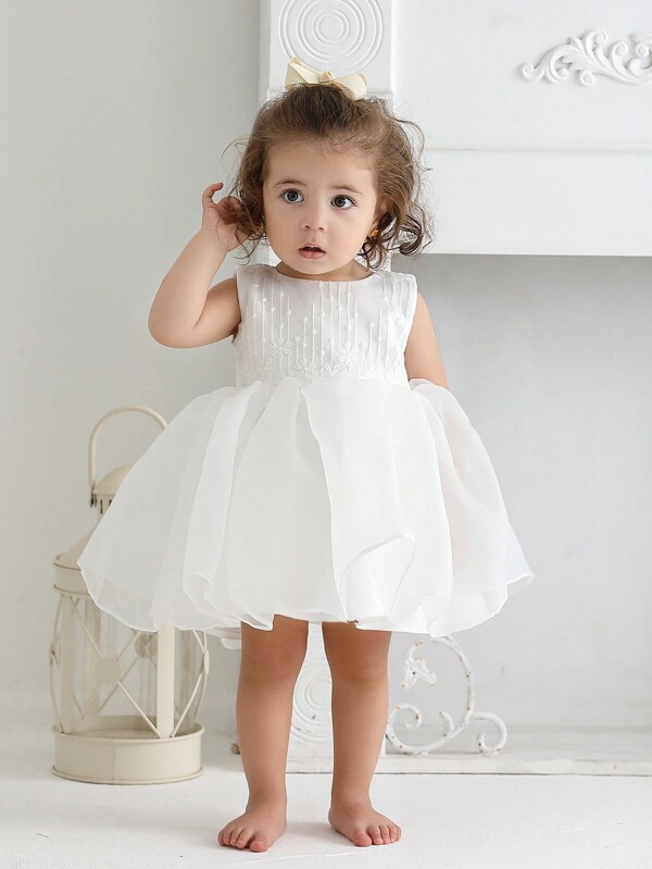Infant Baby Girls' White Tulle Dress For Wedding, Birthday Party Or As Flower Girl