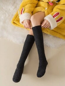 1 雙女式黑色珊瑚絨室內保暖及膝襪 - 黑色 - 查看 3