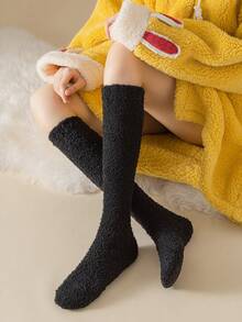 1 雙女式黑色珊瑚絨室內保暖及膝襪 - 黑色 - 查看 2