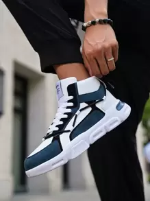 Men's Letter Graphic Lace-Up Contrast Color High Top Casual Comfortable Skateboard Shoes, Outdoor Design - Blue and White - View 1