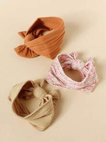 3入組兒童/嬰兒柔軟透氣的尼龍蝴蝶結頭帶,花卉印花 - 卡其色 - 查看 5